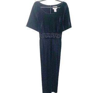 Vtg ALIX TAYLOR Woman Black Velour MIDI Dress Plus SZ 20W Short Sleeve Embroifer